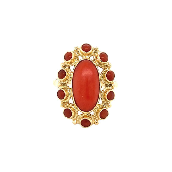 vintage Gouden entourage ring met bloedkoraal 14 krt