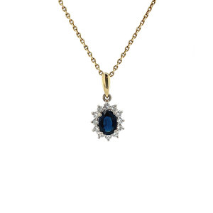 Bicolour gold entourage pendant with diamond and sapphire 14 krt