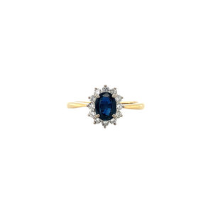 Bicolour gold entourage ring with sapphire and diamond 14 krt