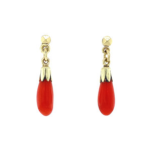 Gold ear studs with red coral 14 krt