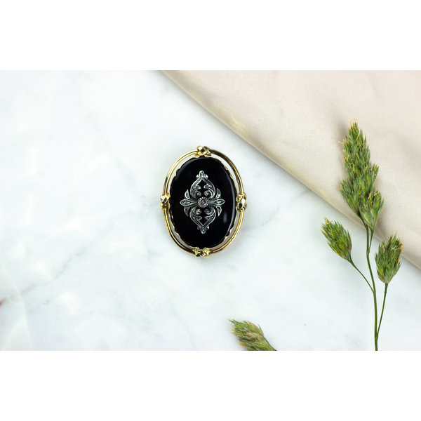 vintage Gold pendant / brooch with onyx and diamond 14 crt / 925