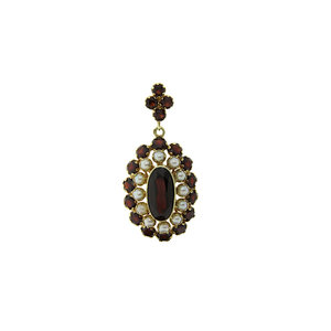 Gold pendant with garnet and pearl 14 krt