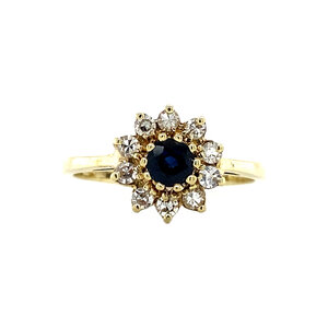 Gouden entourage ring met diamant en saffier 14 krt