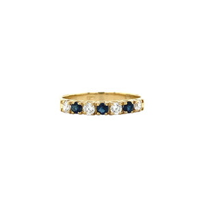 Gold row ring with sapphire and diamond 14 krt