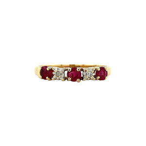 Gold row ring with diamond and ruby 14 krt