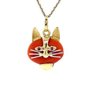 Gold cat pendant with blood coral and ruby 14 krt