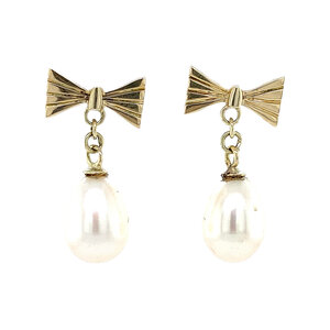 Gold ear studs bow with pearl 14 krt