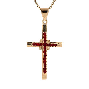 Gold cross pendant with glass garnet 14 krt