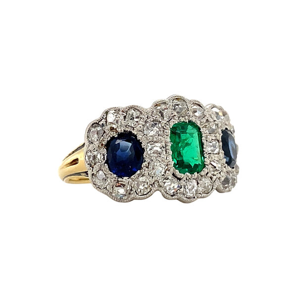vintage Gouden ring met smaragd, saffier en diamant 18 krt