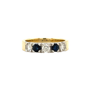 Gold row ring with sapphire and diamond 14 krt