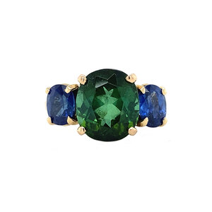 Gold ring with tourmaline and sapphire 14 krt