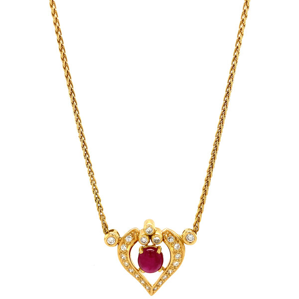 vintage Gold necklace with ruby and diamond pendant 42.5 cm 18 krt