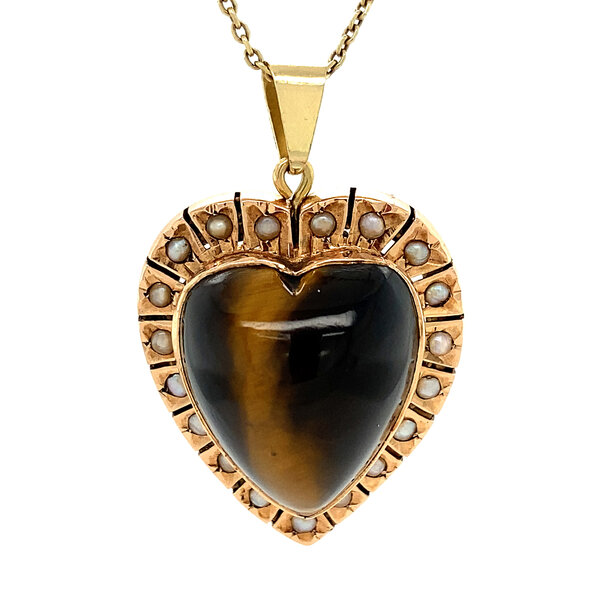 vintage Gold pendant heart with tiger eye and pearls 14 krt