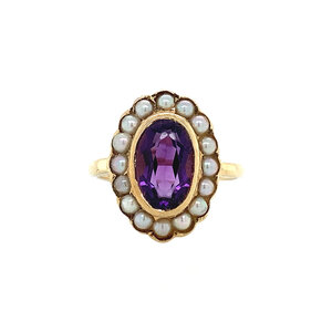 Entourage ring with amethyst and pearl 9 krt