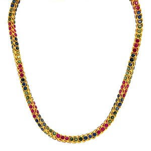 Gouden collier met smaragd, saffier en robijn 43.5 cm 18 krt