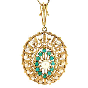 Gold pendant with pearl and turquoise 14 kt