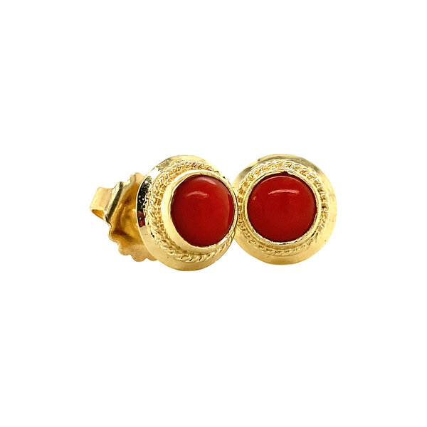 vintage Gouden solitair oorstekers met bloedkoraal 14 krt