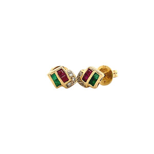 Gouden oorstekers met diamant, smaragd en robijn 18 krt