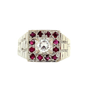 White gold ring with ruby and diamond 18 kt