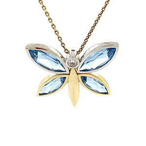 Gold butterfly pendant with spinel and zirconia 14 kt