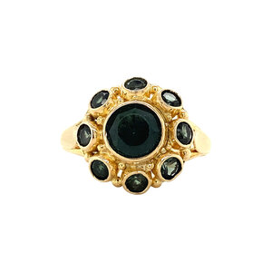 Gold entourage ring with green glass 14 krt