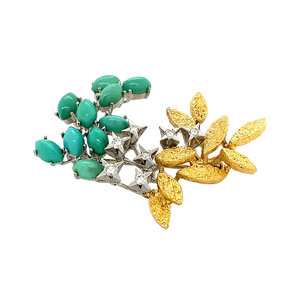 Gold brooch with turquoise and diamonds 18 krt