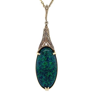 Gold art deco pendant with black opal and rose diamond 14 krt