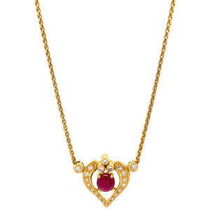 Gold necklace with ruby and diamond pendant 18 krt
