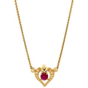 Gold necklace with ruby and diamond pendant 42.5 cm 18 krt