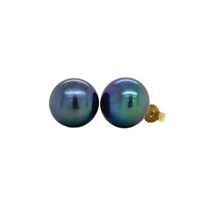 Gold stud earrings with black pearl 14 kt