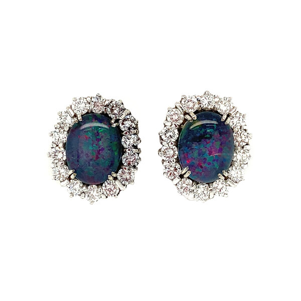 vintage Witgouden entourage oorclips met diamant en opaal 14 krt