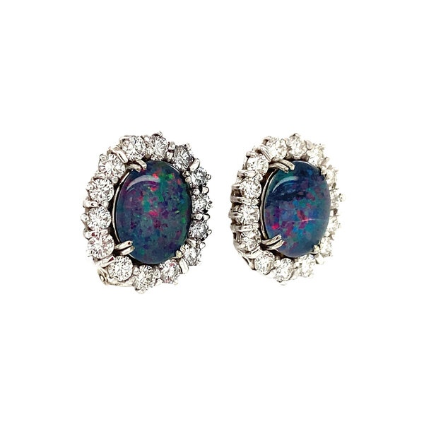 vintage Witgouden entourage oorclips met diamant en opaal 14 krt