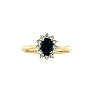 Gold entourage ring with natural sapphire and diamond 14 krt