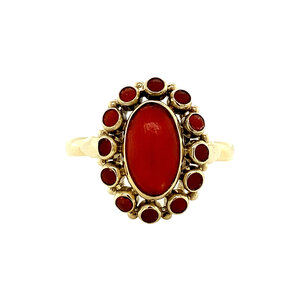 Gold entourage ring with red coral 14 krt