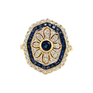 Gold ring with sapphire and diamond 18 krt