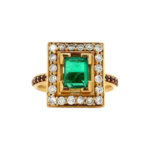 Gold ring with emerald, garnet and diamond 18 krt