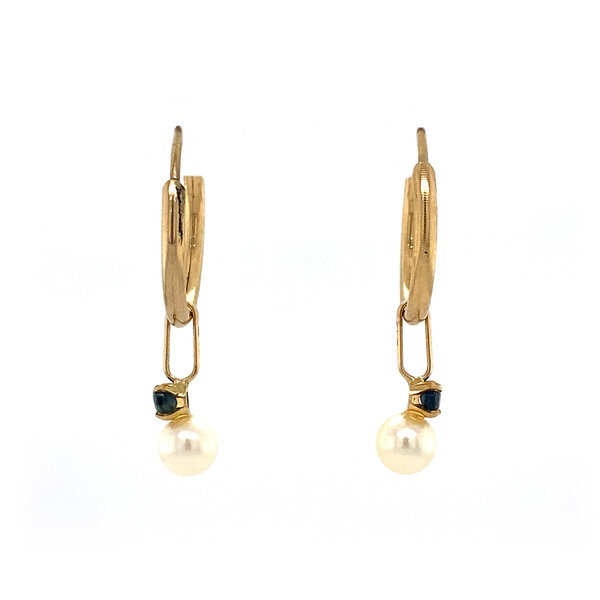 vintage Gouden oorringen met met parel en saffier 14 krt