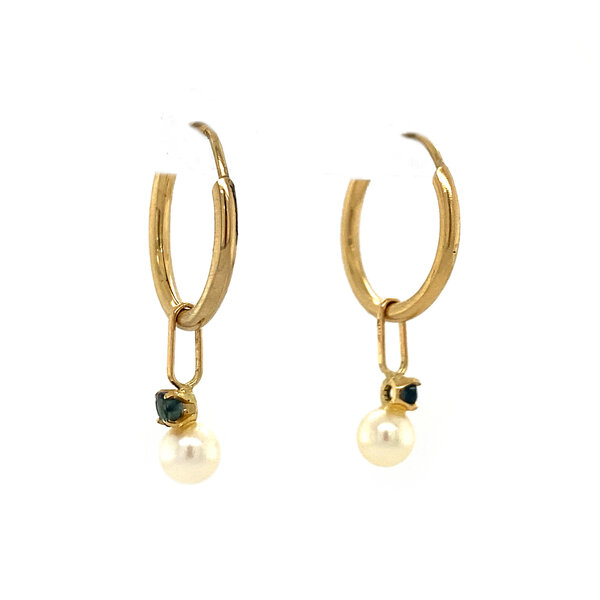 vintage Gouden oorringen met met parel en saffier 14 krt