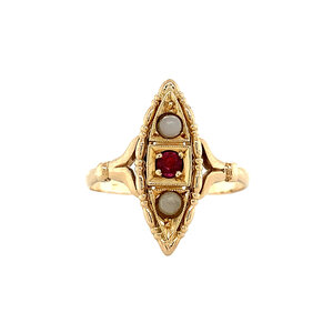 Gouden ring met parel en robijn 14 krt