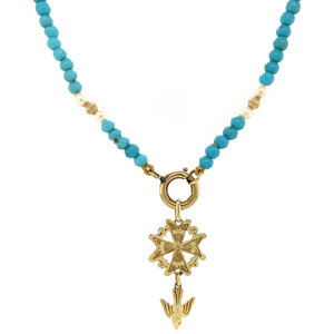 Turquoise necklace with pearl and gold lacing 37.5 cm 14 krt