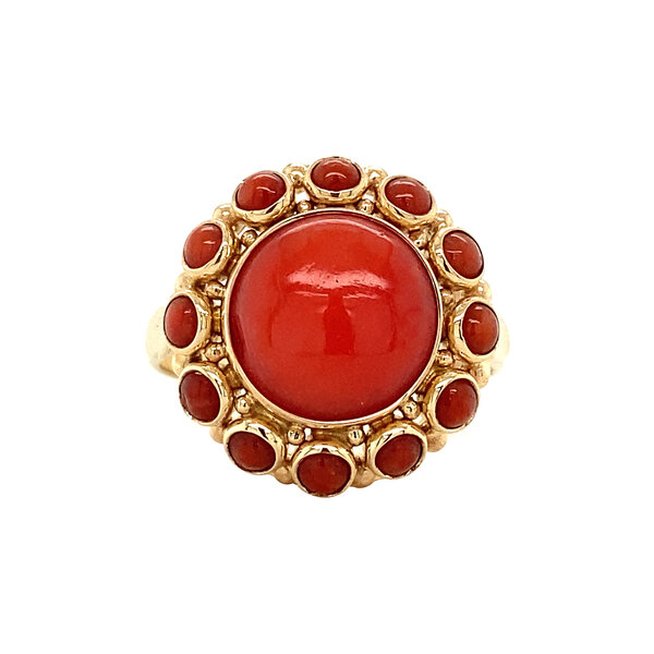 vintage Gouden entourage ring met bloedkoraal 14 krt