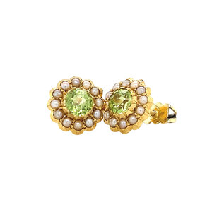 Gold entourage ear studs with peridote and pearl 14 krt