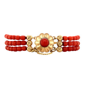 Blood coral bracelet with gold lacing 17.5 cm 14 krt