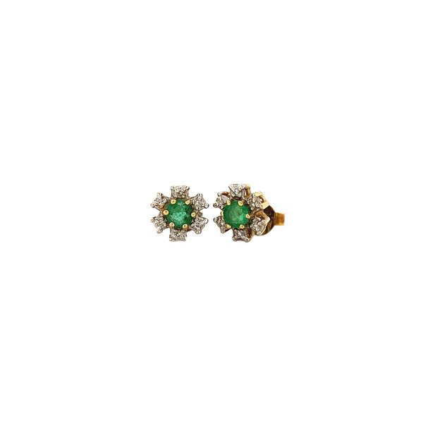 vintage Gouden oorstekers met diamant en smaragd 14 krt