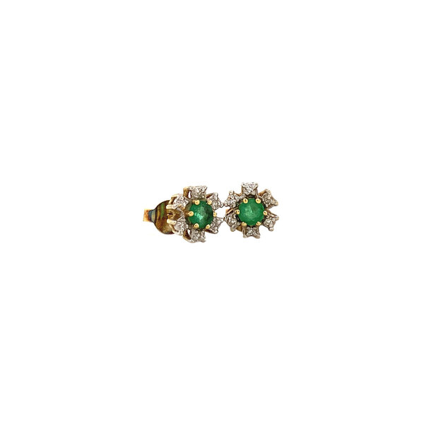 vintage Gouden oorstekers met diamant en smaragd 14 krt
