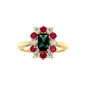 Gold entourage ring with tourmaline, natural ruby and diamonds 14 krt