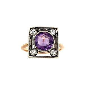 Gold ring with purple colour stone and diamond 14 krt/925