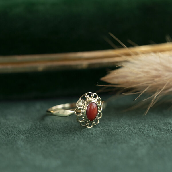 vintage Gouden ring met bloedkoraal 14 krt