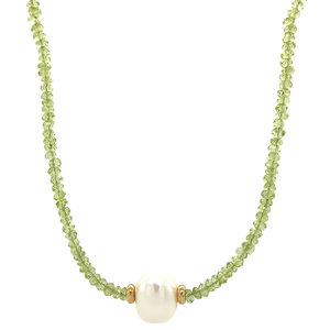 Peridoot collier met parel en gouden sluiting 39.5 cm 14 krt