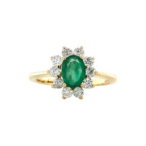 Gold entourage ring with natural emerald and diamond 14 krt